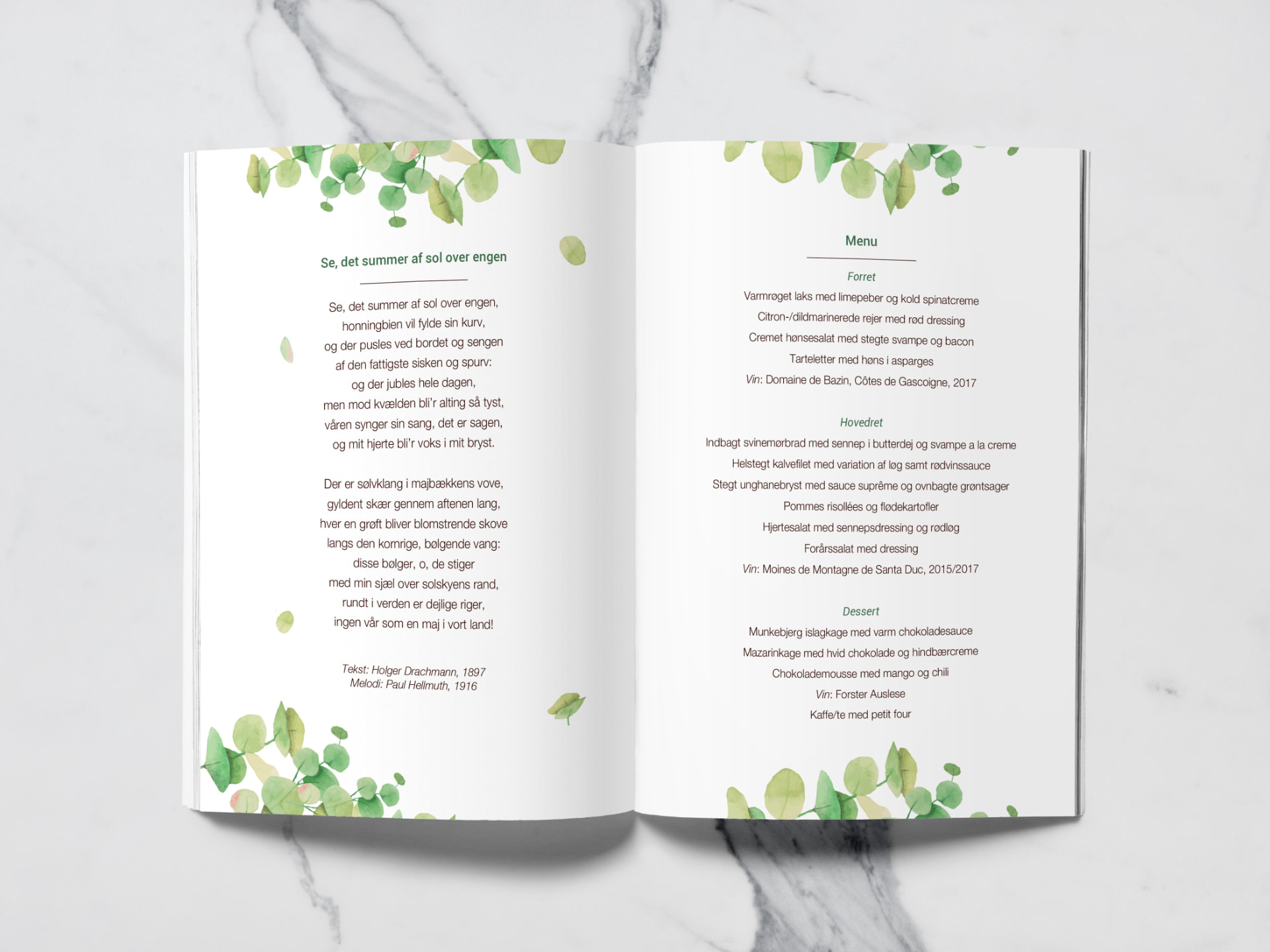 Booklet spread with menu and song