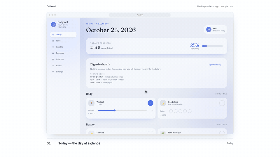Dailywell desktop walkthrough: routine check-ins, food diary, symptom logging, insights, progress, and calendar